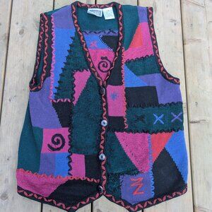 Vintage Y2K Sigrid Olsen Cardigan Sweater Vest Women's M Green Colourblock Retro